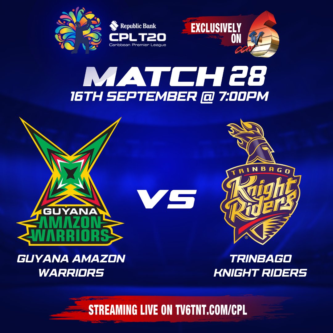 tv6tnt's tweet photo. 😏Who are you supporting? Drop 🇬🇾 or 🇹🇹 to let us know.
#Match28: Guyana Amazon Warriors 🇬🇾 vs Trinbago Knight Riders 🇹🇹 7:00pm
📲Watch Livestream: https://t.co/pIY62jLA8e
#CCNTV6 #TV6 #TV6App #CPL #CPL23 https://t.co/2Oa9cD3cHR