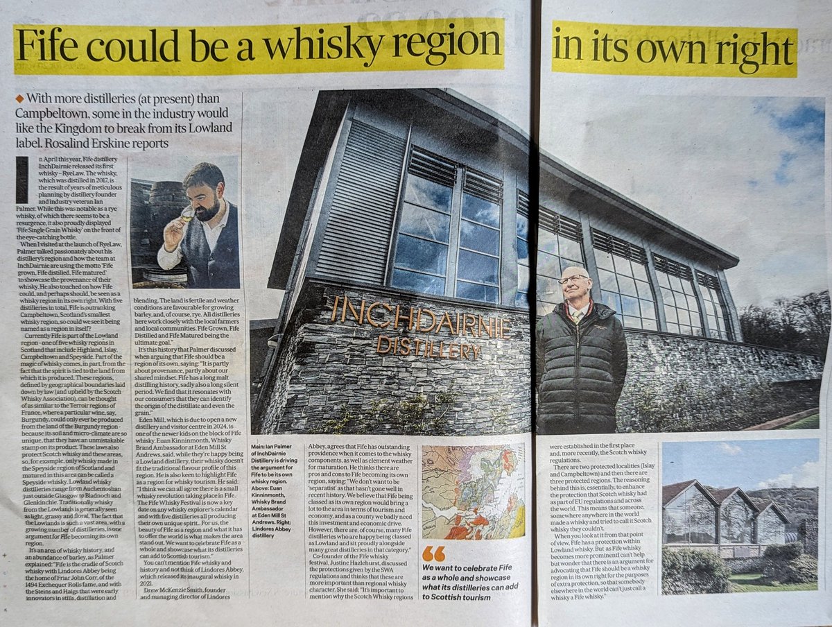 FifeAmbassador's tweet photo. Fab story in @TheScotsman by @RosalindErskine on a long held dream of mine..."Could Fife be newest whisky region?" #Daftmill #Kingsbarns #InchDairnie #EdenMill #LindoresAbbey #CameronBridge https://t.co/82fBIW0XXH