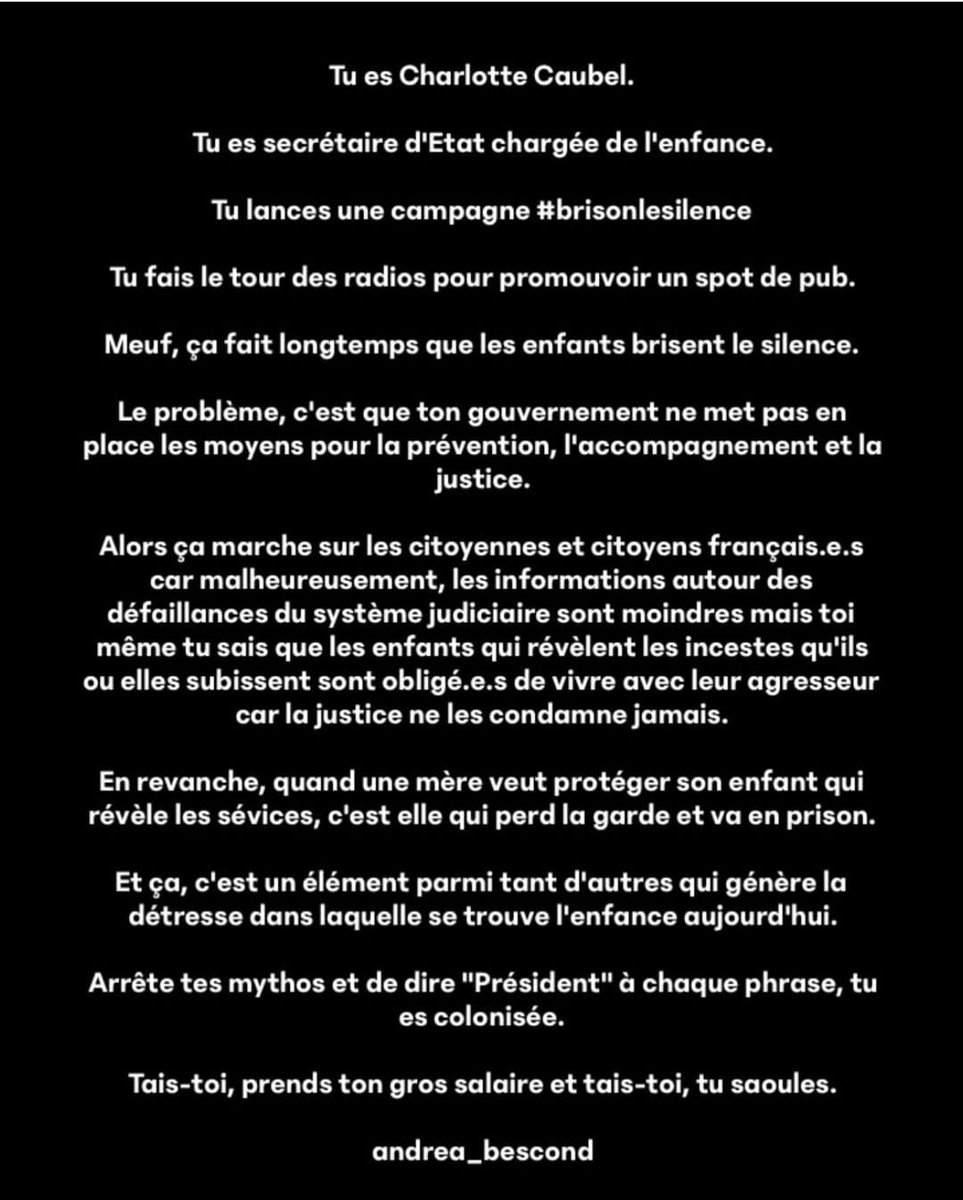 kameee94's tweet photo. Merci Andréa Bescond.
Il y en a plus que marre de cette injonction à parler: les enfants victimes parlent mais la réalité c'est que la justice ne les écoute pas et surtout rien ne les protège ensuite les livrant encore davantage à eux-mêmes. La com ça suffit on veut les actes. https://t.co/YQHSqVa8Q0