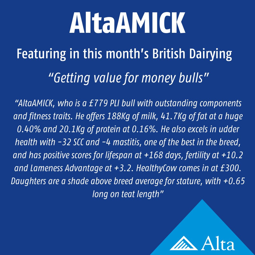 AltaGeneticsUK's tweet photo. Featuring in this month's addition of @britishdairying
Great value sire!
Your genetic decision today, is your future herd.
#altagenetics #futureherdinside https://t.co/lB82AN4qFf