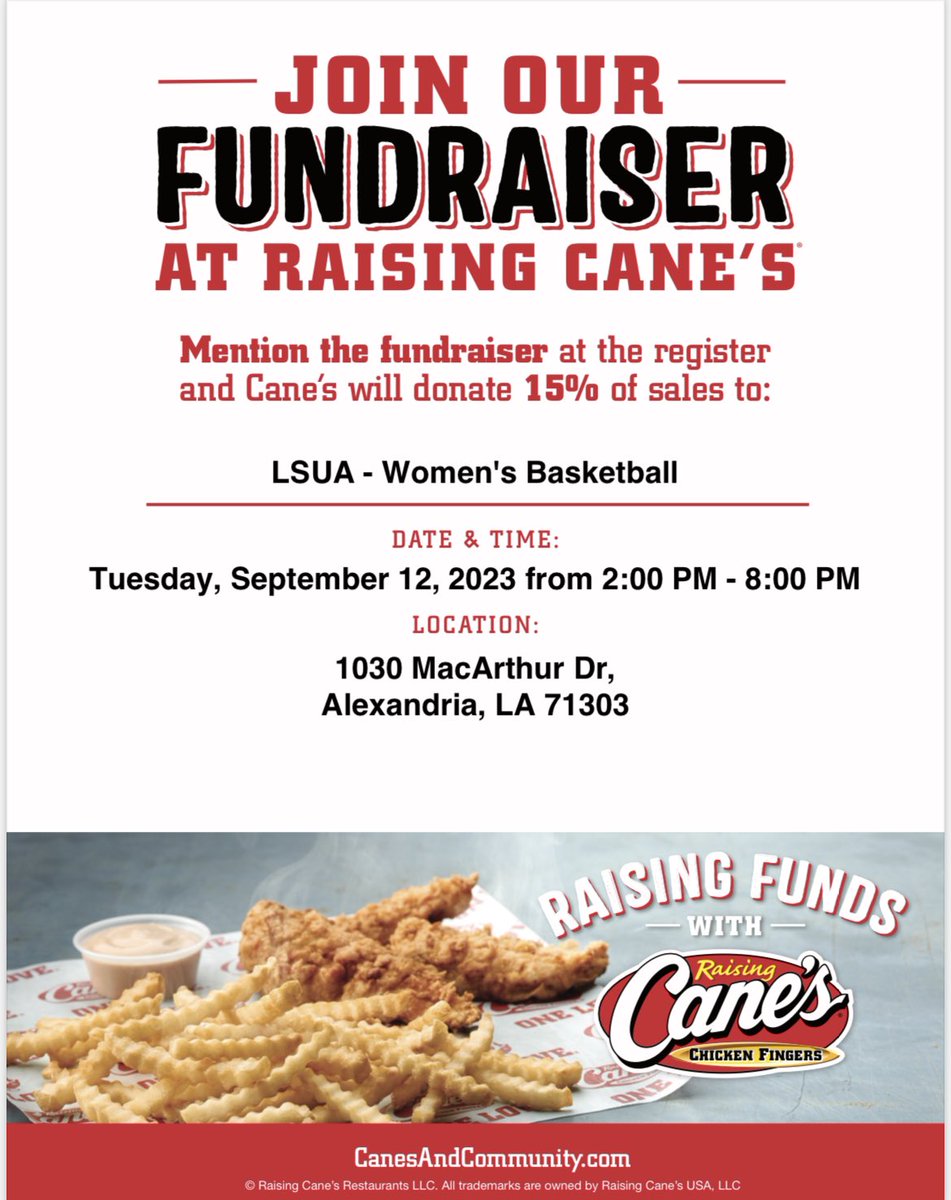 Billyperkins22's tweet photo. Come out and support LSUA WBB at Canes Alexandria.   We will be here 2-8 hope to see y’all soon. https://t.co/9kfZ4ycCQR