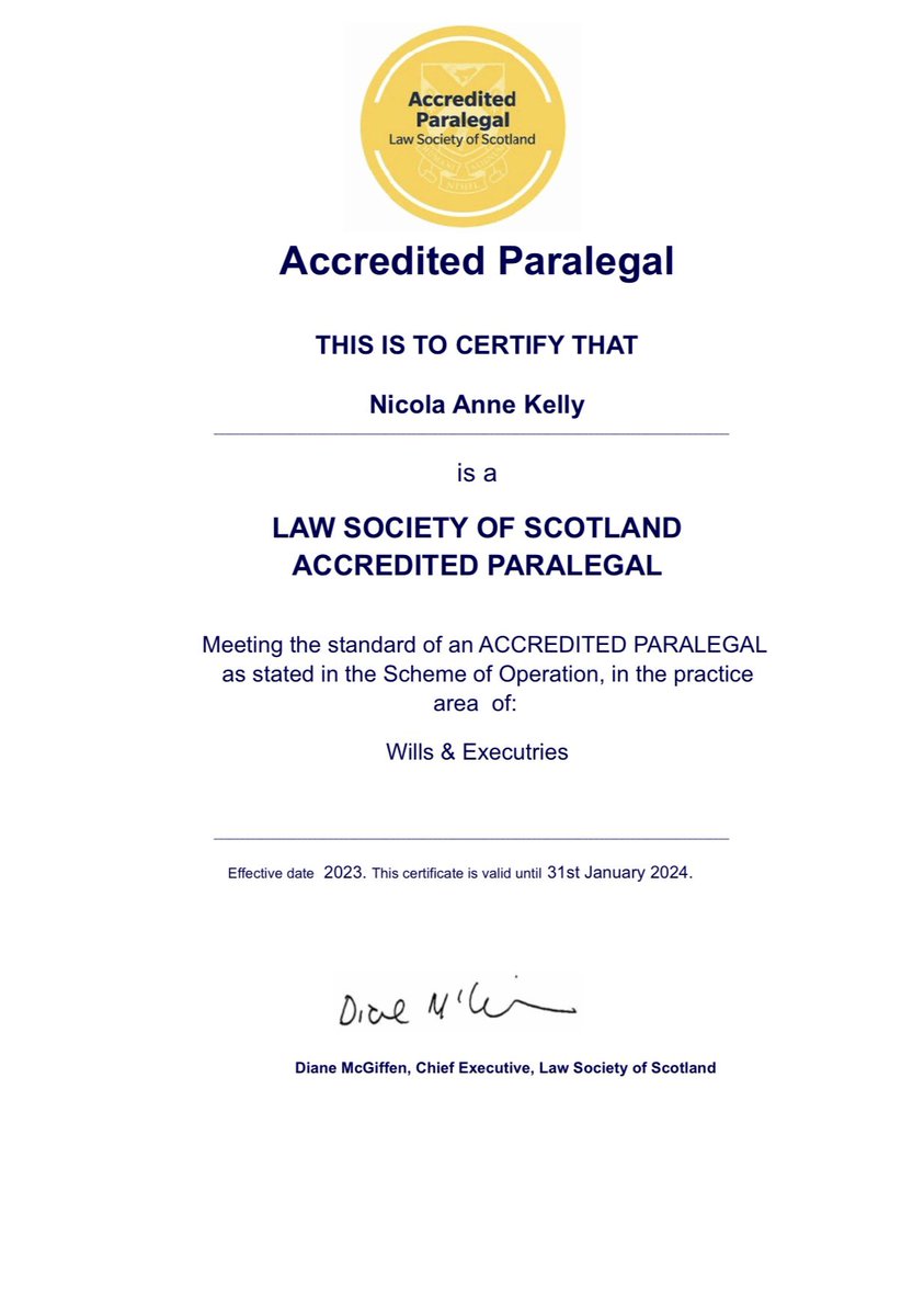 Today was a good day✨

I am delighted to have obtained my Accredited Paralegal status within Wills &amp; Executries! It has been a goal I have been working towards since qualifying 4 years ago.

I’m excited to see what the next chapter has in store.
<a href="/BlackaddersLLP/">Blackadders LLP</a> <a href="/AccParalegalLSS/">Accredited Paralegal</a>
