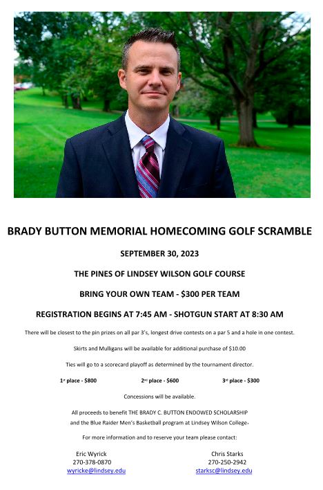 On September 30, the Blue Raider men's basketball team will host the Brady Button Memorial Homecoming Golf Scramble! Register your team, today!!