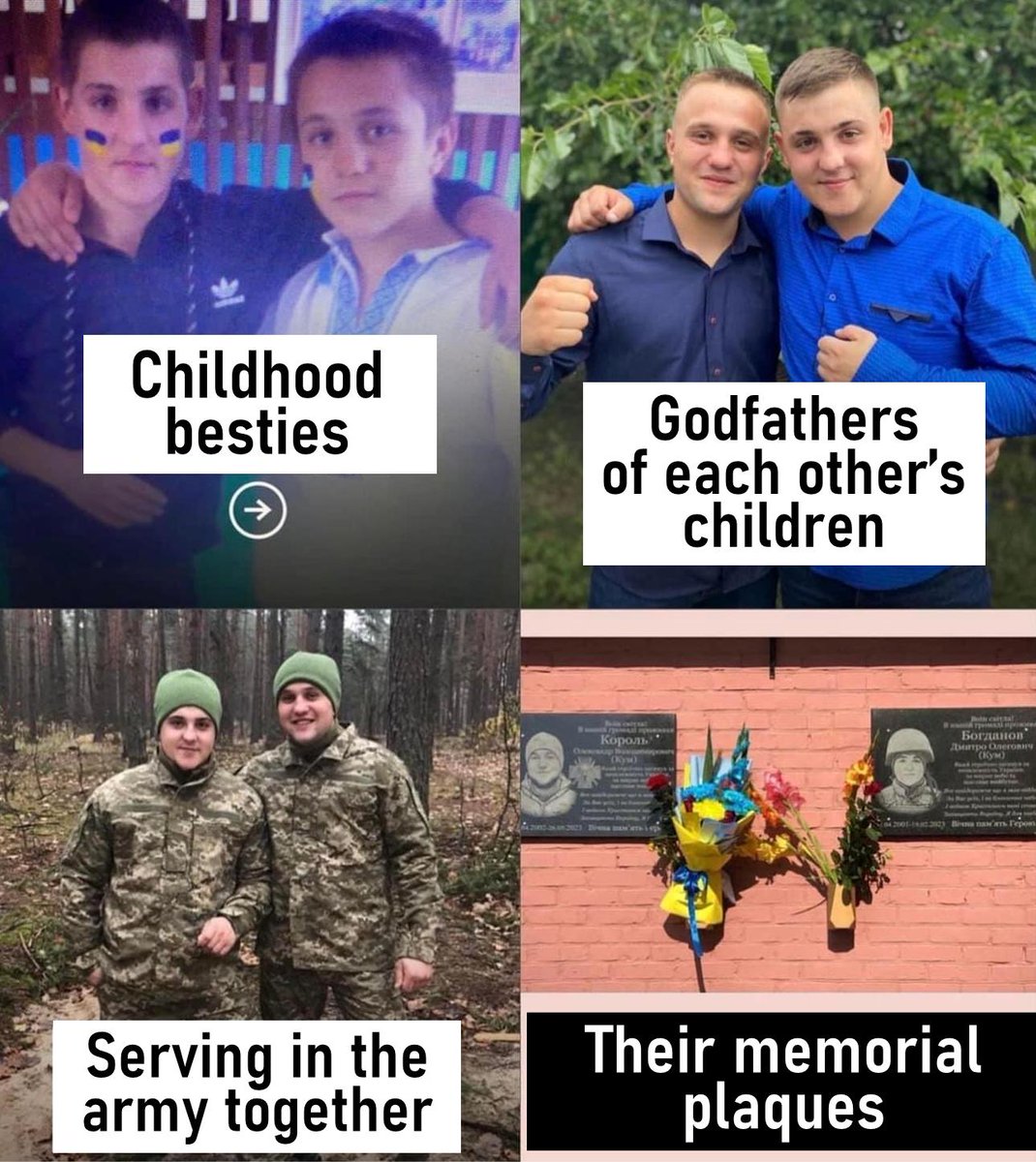 Príbeh dvoch kamarátov, ktorí padli v boji proti moskaľským teroristom... 💔😭🇺🇦

1. Najlepší kamaráti z detstva.

2. Krstní otcovia detí toho druhého.

3. Spoločná služba v armáde.

4. Ich pamätné tabule.

Sláva Ukrajine! Hrdinom sláva!