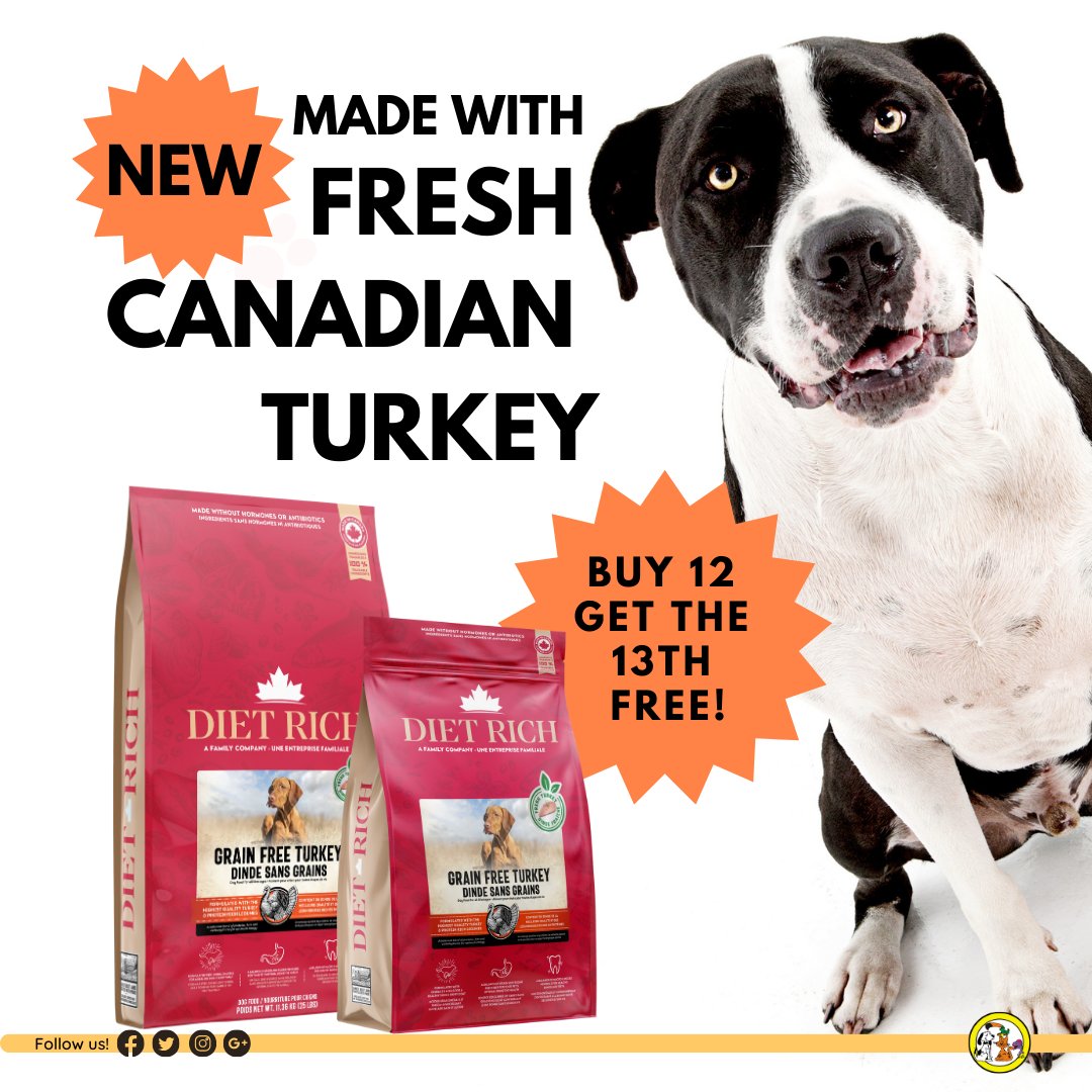 bestwestpet's tweet image. Now introducing Diet Rich Grain Free Turkey. Made with Fresh Canadian Turkey that your dog will love! Buy 12 bags and get the 13th free! 

#musttry #dogfood #turkeyformula #madeinCanada
