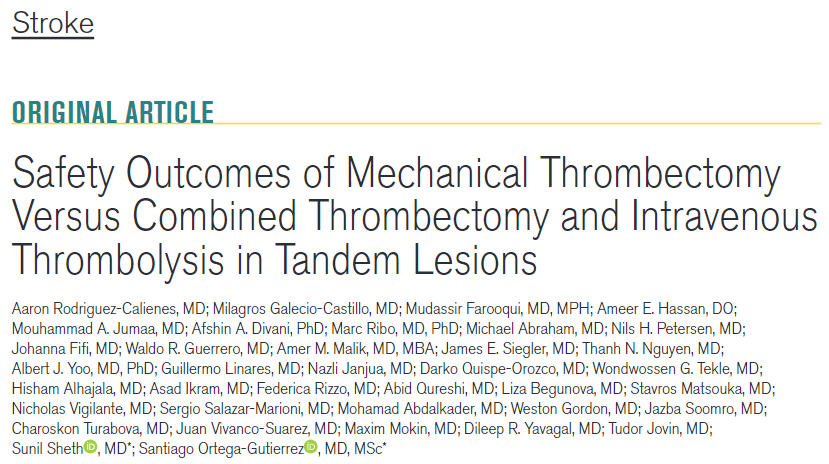1/
Is intravenous #thrombolysis of added benefit to patients with acute #tandem lesions undergoing #MechanicalThrombectomy ❓❓❓

A thread by <a href="/AaronCalienes/">Aaron Rodriguez Calienes</a>🧵on our most recent work <a href="/StrokeAHA_ASA/">Stroke AHA/ASA</a> 

ahajournals.org/doi/10.1161/ST…