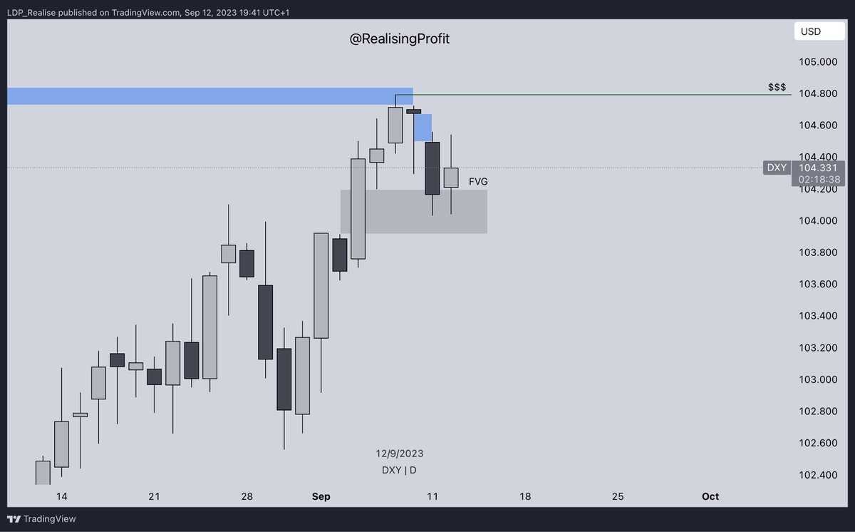 RealisingProfit's tweet photo. Today we saw price use our daily fvg to move higher on the day.

The opening week gap was used to reverse price towards the end of the day.

As we head into tomorrow we should watch the 4H fvg created today to see if this holds price. If so then we should look towards price moving higher towards our target.

#dxy #forex #fx