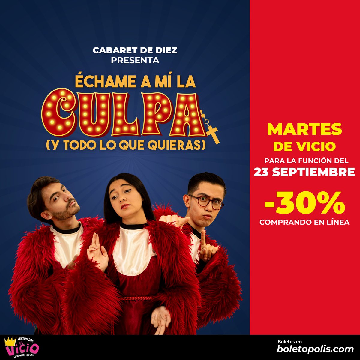 CarteleraCDMX's tweet photo. 🙌🏼 TIP: Hoy es #MartesDeVicio en @boletopolis
🎟️ Aprovecha y compra a un súper precio tus boletos cabareteros de @elvicioteatro aquí: https://t.co/HckftbV8cB https://t.co/7wZ1VTZY2U