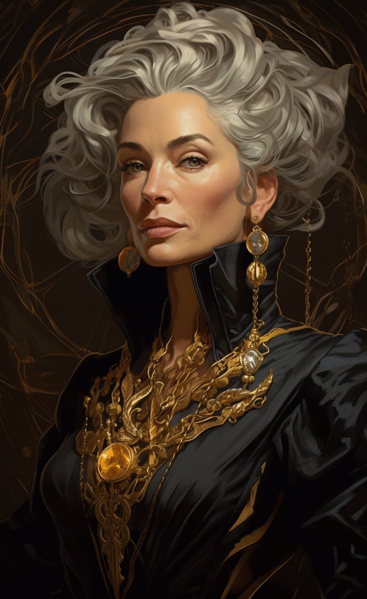Thanks for this really like it 
My try

surreal austentatious renaissance beautiful woman with grey hair wearing gold steampunk jewellry down lighting in style of leyendecker --ar 100:162 --weird 10
