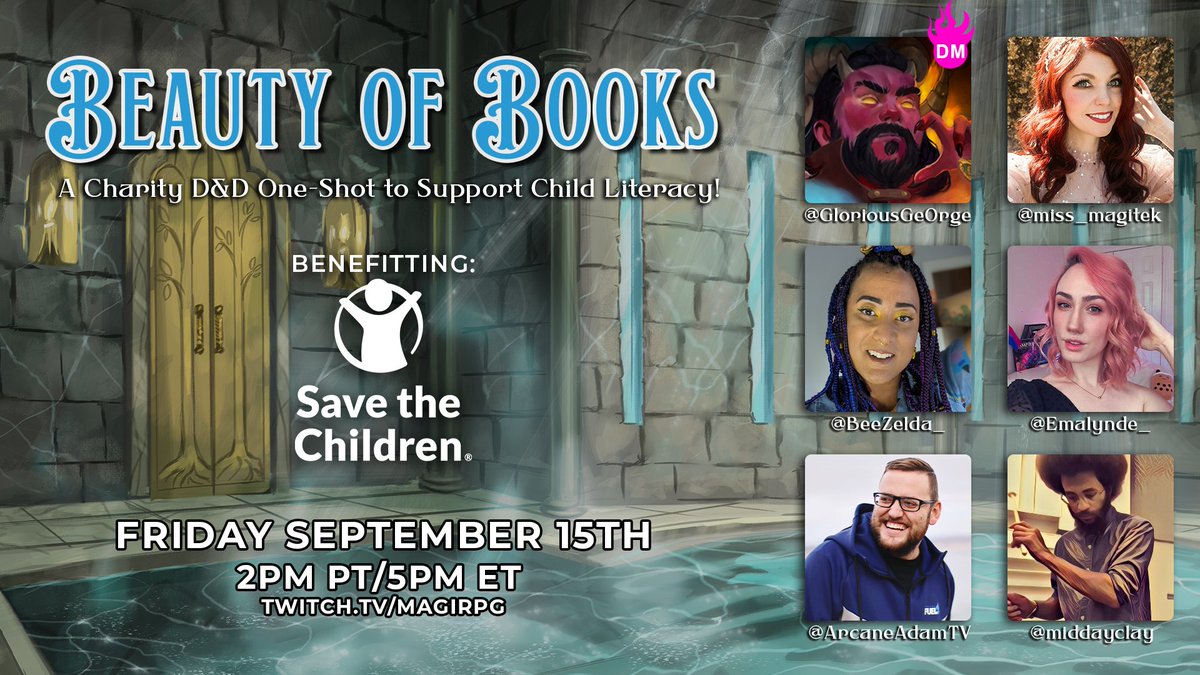 magi_rpg's tweet image. This Friday we're hosting 2 charity #dnd one-shots to raise funds for @SavetheChildren! 

First one starts at 2pm PT/5pm ET and is all about self-love and relaxation!

📚 STARRING:
DM: @GloriousGe0rge 

Players:
@Miss_Magitek 
@BeeZelda_ 
@Emalynde_ 
@ArcaneAdamTV 
@middayclay