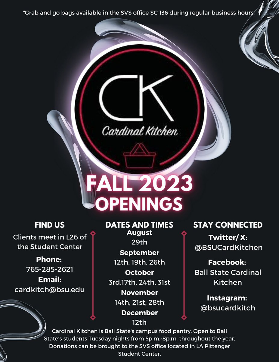 Hey Cardinals! We can’t wait to see you again today from 5-8p.m. Can’t make it? Be sure to stop by the SVS office (SC 136) to get a grab-and-go bag. We can’t wait to see you!