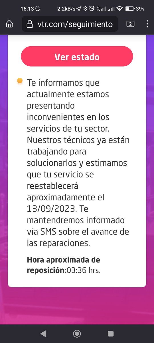 cg_med's tweet photo. @mrdanjol_chile @VTRsoporte @VTRChile ETA de la reparacion mañana a las 3:36 de la mañana https://t.co/Y6yxoL7YTQ