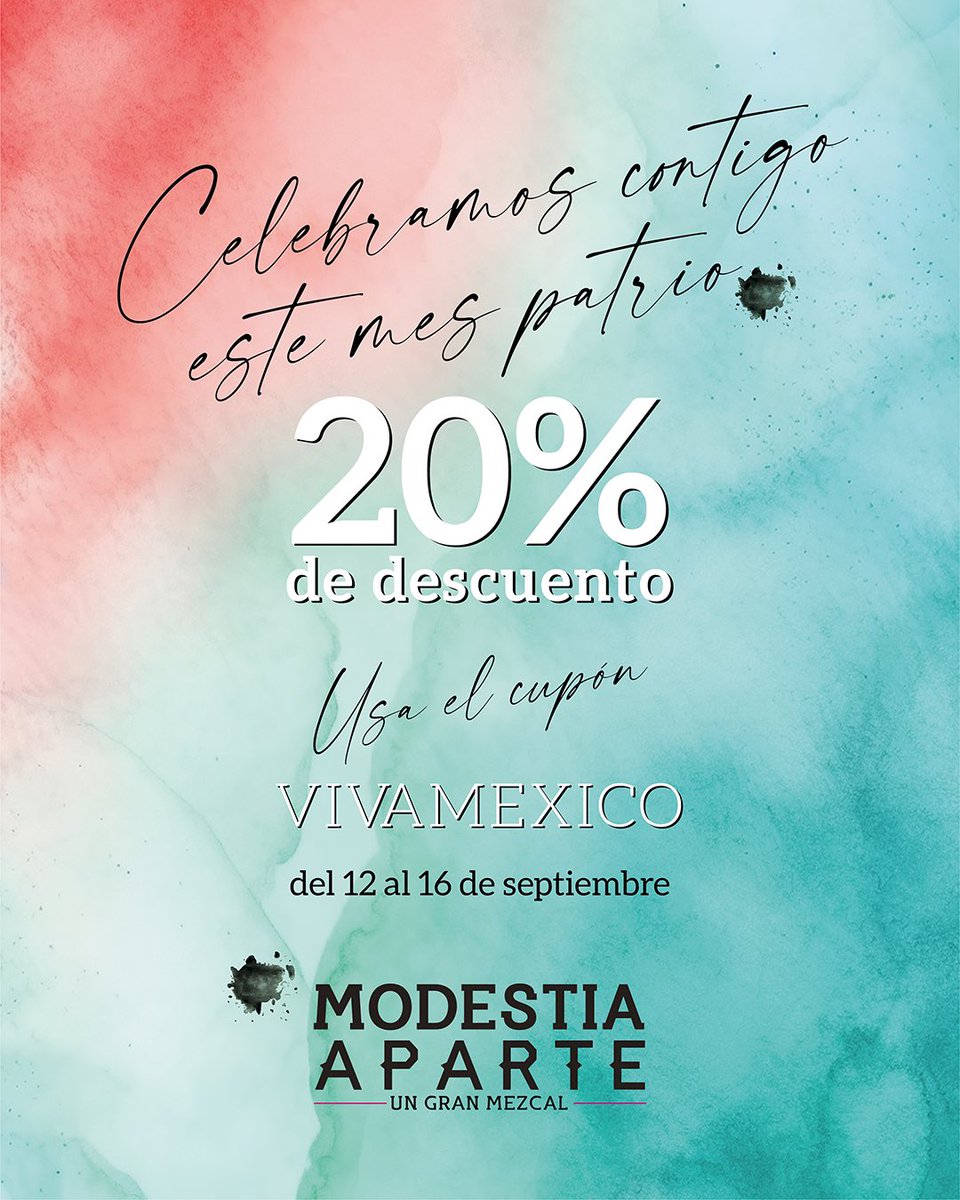 Nuestro motivo mejor, eres tú 🎶🇲🇽

Celebramos contigo este mes patrio con una promoción muy mexicana 🟢⚪️🔴

Del 12 al 16 de septiembre obtén un 20% de descuento en #UnGranMezcal usando el código:

VIVAMEXICO

Celebra a lo grande con responsabilidad. Te lo mereces 🎉