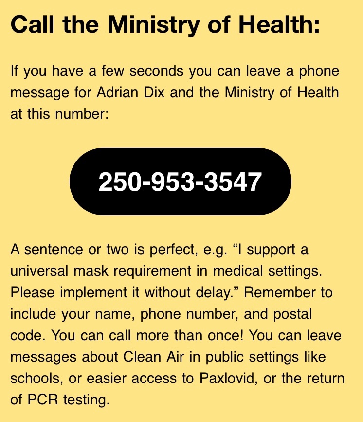 dearlydeleted's tweet photo. Our health minister is "considering restarting mask mandates in hospitals". @DoNoHarmBC  is holding a phone call campaign to push for this.

My two cents:

1¢: The mask mandate, once reimplemented, SHOULD NOT BE LIFTED until [pick a year].

 #BCpoli #COVID #pandemic https://t.co/JbJjjP9ZTJ
