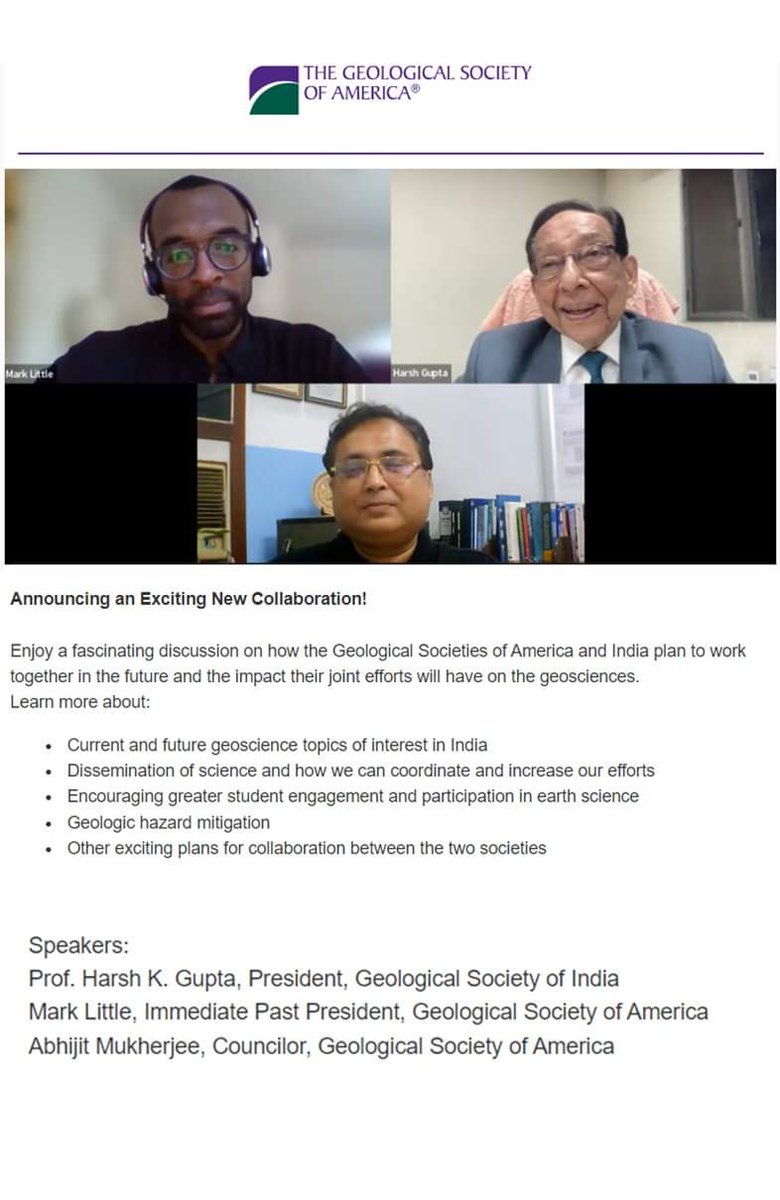 Delighted to announce a new friendship between geoscience communities of the two great nations as the Geological Society of America (GSA) and Geological Society of India (GSoI) join hands to form an exciting collaboration. 

Watch here: youtube.com/watch?v=ufWm2x…

<a href="/geosociety/">geosociety</a>