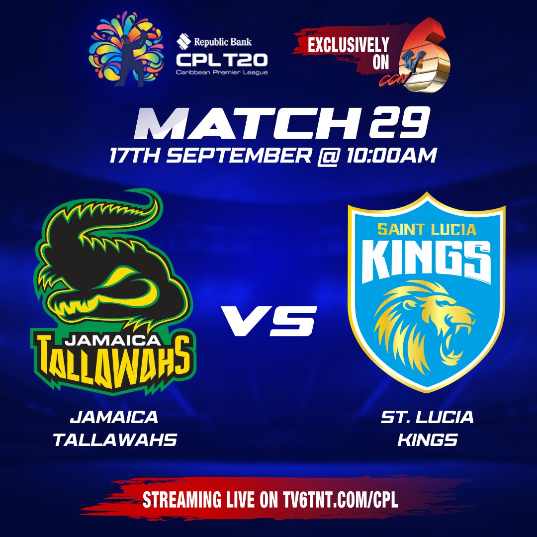 tv6tnt's tweet photo. 📢Double Header Today
#Match29: Jamaica Tallawahs 🇯🇲 vs St. Lucia Kings 🇱🇨 10:00am
#Match30: Guyana Amazon Warriors 🇬🇾 vs Barbados Royals 🇧🇧 7:00pm
📲Watch Livestream: https://t.co/pIY62jL2iG
#CCNTV6 #TV6 #TV6App #CPL23 https://t.co/YWSqdjlKnG