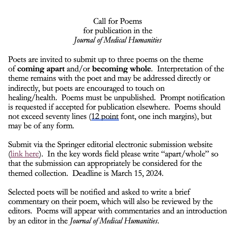 sassyncross's tweet photo. @JMedHumanities #poet #poetrylovers 

Submit poems on coming apart and/or becoming whole.  Deadline 3/15/2024.  

https://t.co/Lg7FyuJD6F https://t.co/C0y8T6Wkcr