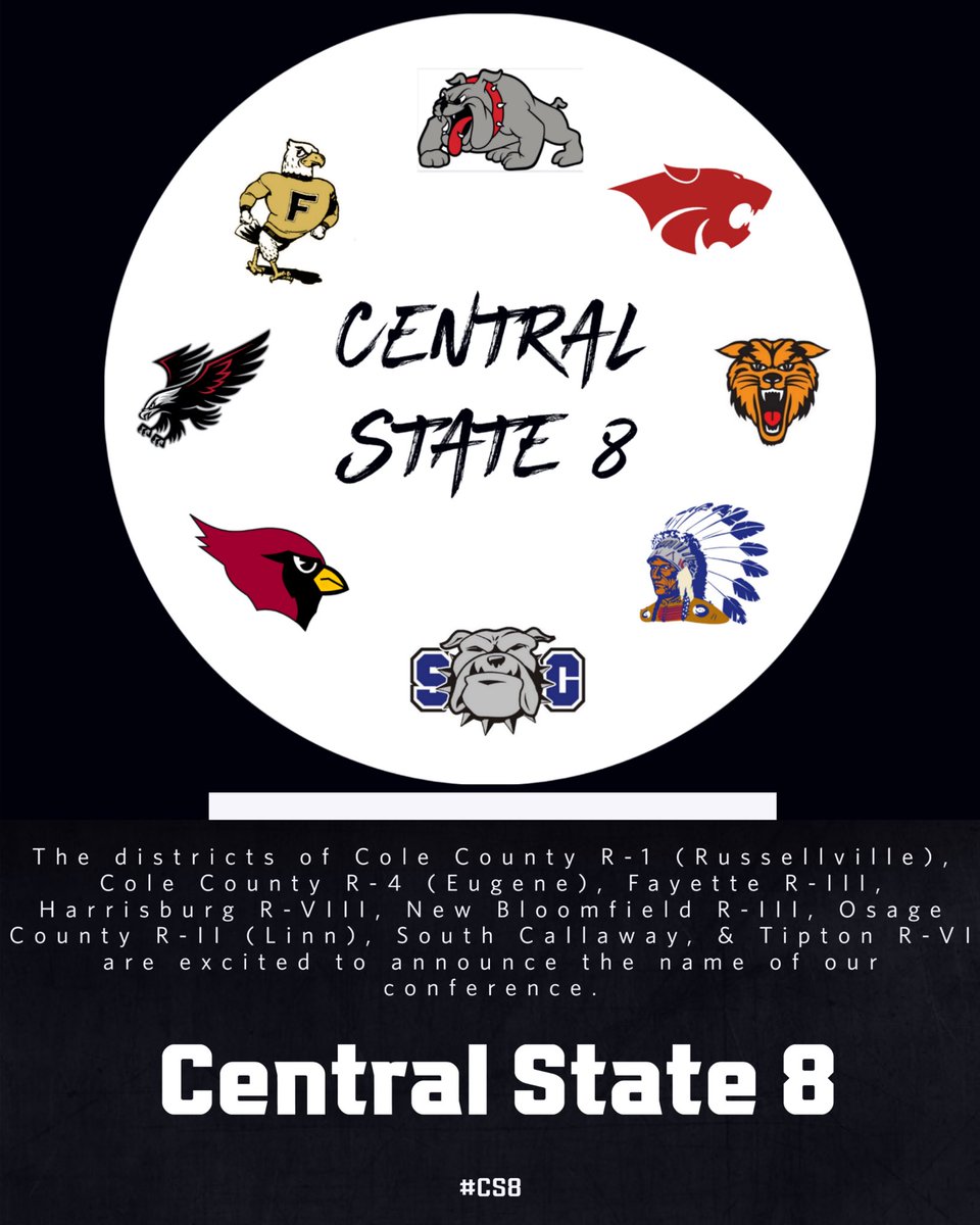 Central State 8 (@centralstate8) on Twitter photo We are excited to announce the name of the new conference….the Central State 8!!! #CS8 <a href="/TiptonRVIdist/">Tipton R-VI School District</a> <a href="/R_VilleStudents/">RHS Student Body</a> <a href="/ColeRV1/">Cole County R-V School</a> <a href="/FayetteFalcons/">Fayette High School</a> <a href="/ActivitiesNbhs/">NBHS Activities</a> <a href="/OsageR2Schools/">Osage County R-2 School District</a> <a href="/SC_Bulldog/">SC Bulldog</a> @harrisburgath We are excited to announce the name of the new conference….the Central State 8!!! #CS8 <a href="/TiptonRVIdist/">Tipton R-VI School District</a> <a href="/R_VilleStudents/">RHS Student Body</a> <a href="/ColeRV1/">Cole County R-V School</a> <a href="/FayetteFalcons/">Fayette High School</a> <a href="/ActivitiesNbhs/">NBHS Activities</a> <a href="/OsageR2Schools/">Osage County R-2 School District</a> <a href="/SC_Bulldog/">SC Bulldog</a> @harrisburgath