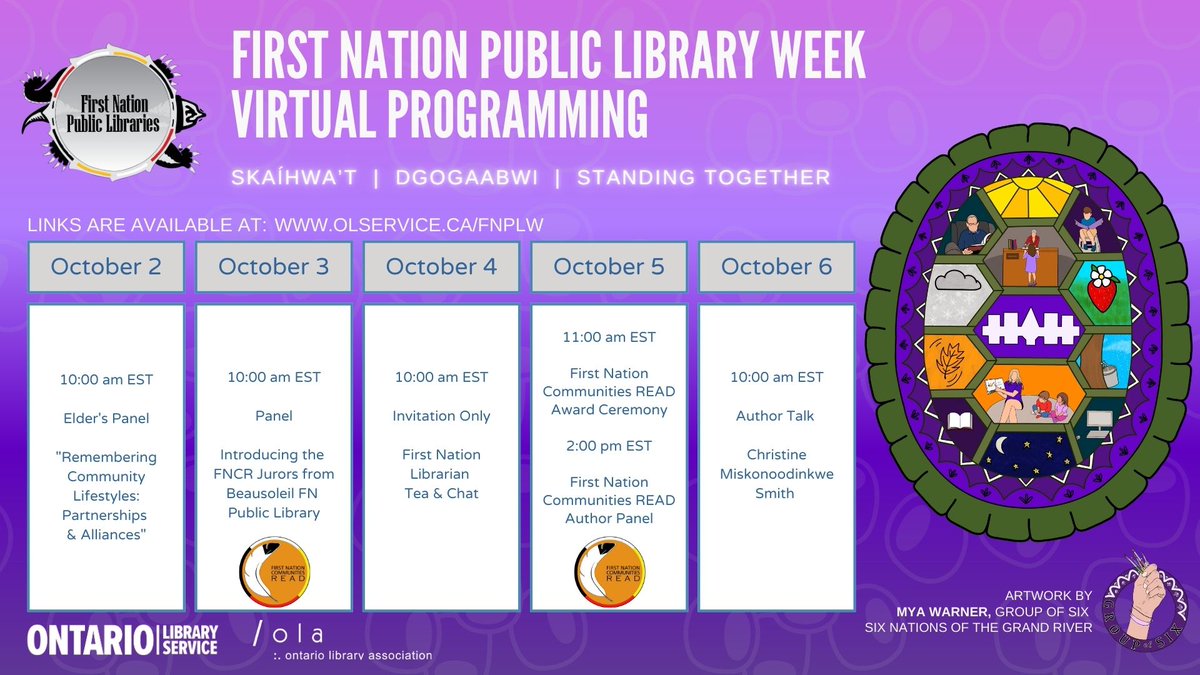 The First Nation Public Library Week schedule can be found here: resources.olservice.ca/fnplw/2023 

Resources and videos posted on the #FNPLW website are free! No registration required.