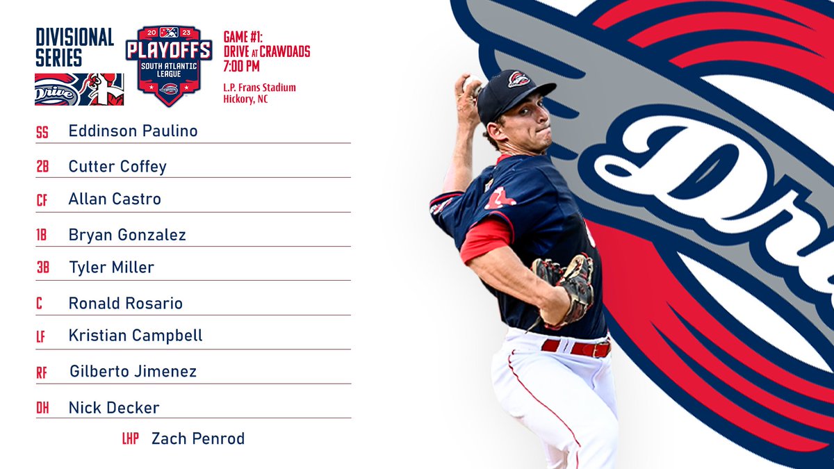 It's finally time.
How we're rolling out for Game One of the Playoffs:

🕖 7:00 p.m.
🆚 <a href="/HickoryCrawdads/">Hickory Crawdads</a> 
📍 L.P. Frans Stadium
📻 milb.streamguys1.com/hickory