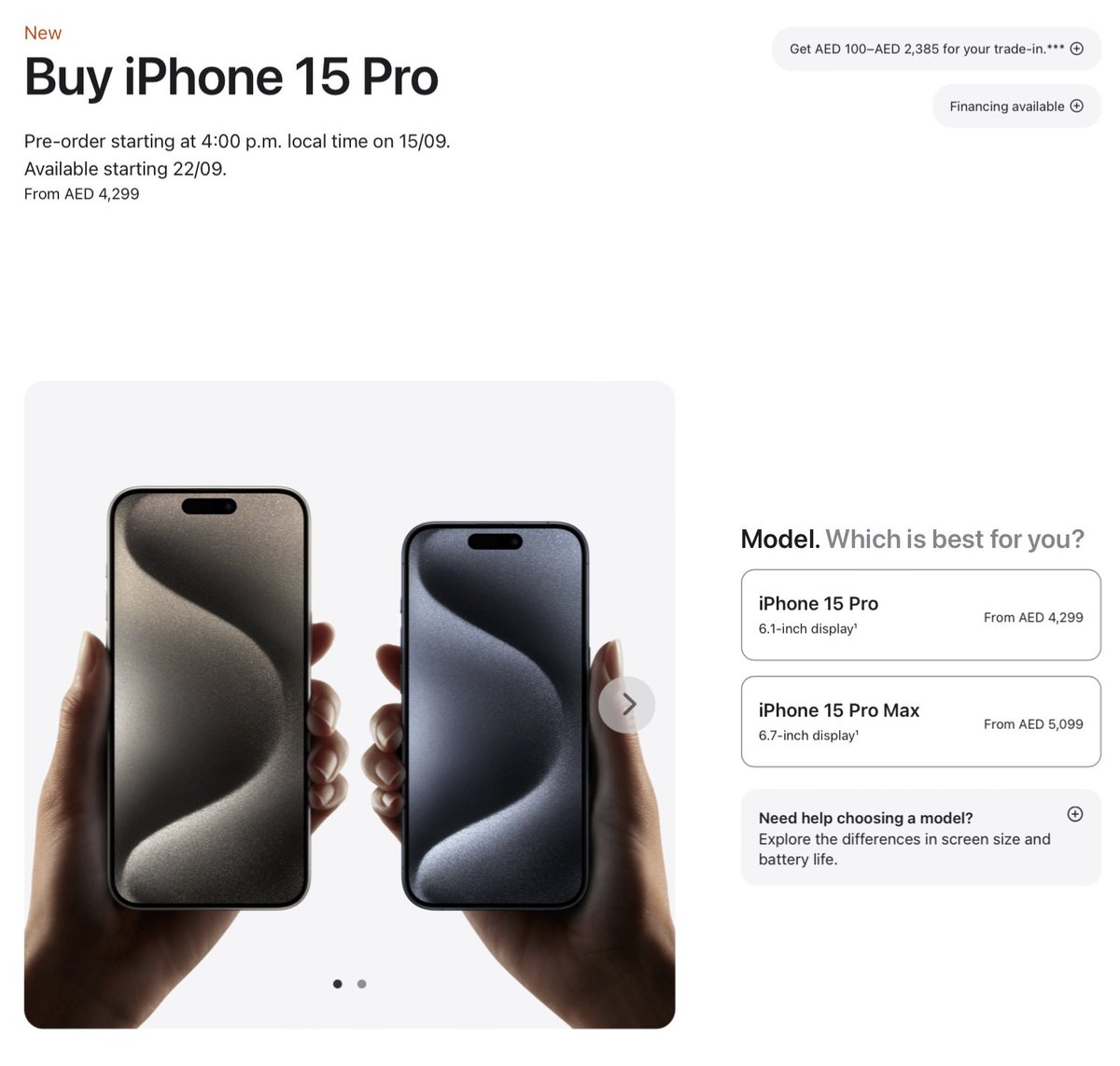 Pmkphotoworks's tweet photo. In Dubai, the iPhone 15 Pro starts at around ₹97,000 (AED 4,299) and the 15 Pro Max starts at around ₹1,15,000 (AED 5,099).

Basically, the 15 Pro Max's base variant in Dubai is CHEAPER than the 15 Pro's base variant in India by almost ₹20,000! 

So much for 'Make in India' 💔 #AppleEvent