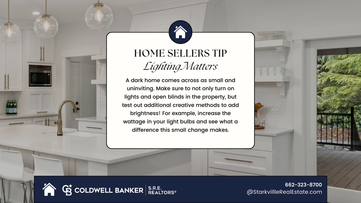 CWBSRE's tweet image. 💡  Home Seller Tip... Lighting Matters  💡
For all your real estate questions and needs please call our Agents at 662-323-8700.
#LightingMatters #GuidingYouHome #StarkvilleRealEstate