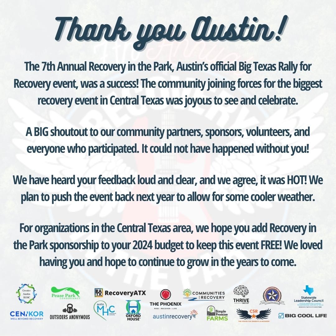 TexasCJE's tweet photo. A thank you message from Recovery in the Park and all our orgs after an incredible event! Thanks to everyone who joined us on Saturday to talk about what community safety means to you! https://t.co/4yihTFLivx