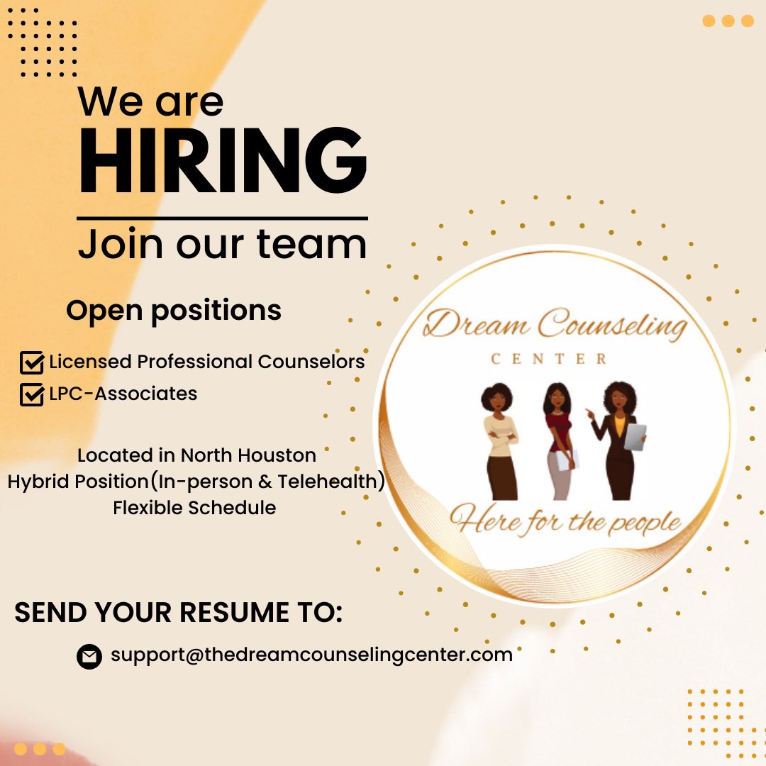 Dream Counseling Center is growing and we are looking for dynamic people to join the team! Feel free to share and email us today!