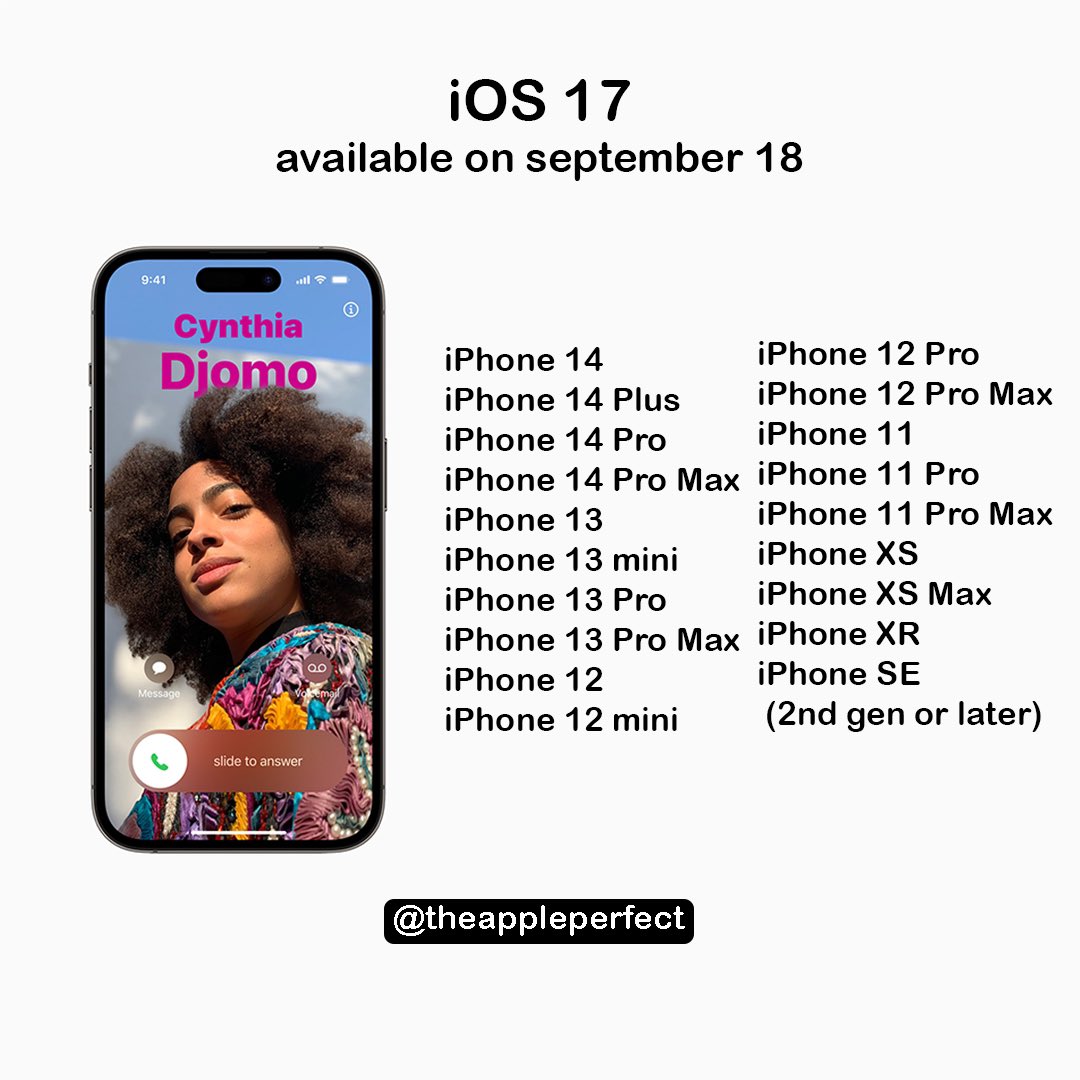 theappleperfect's tweet photo. iOS 17 will be available on September 18 on these devices.
.
.
#apple #ios #ios17 #appleevent #theappleperfect https://t.co/rLqrqJ3GLo