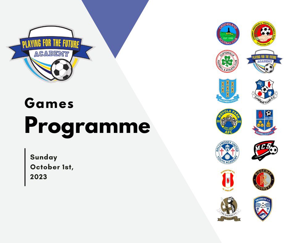 Academy Games Programme | 1st October ✅

All teams from our Lurgan and Belfast centres will play the first of our games days leading up to a tournament at the end of the season. 

If you are interested in playing us get in touch with John via 📧 events@playingforthefuture.co.uk