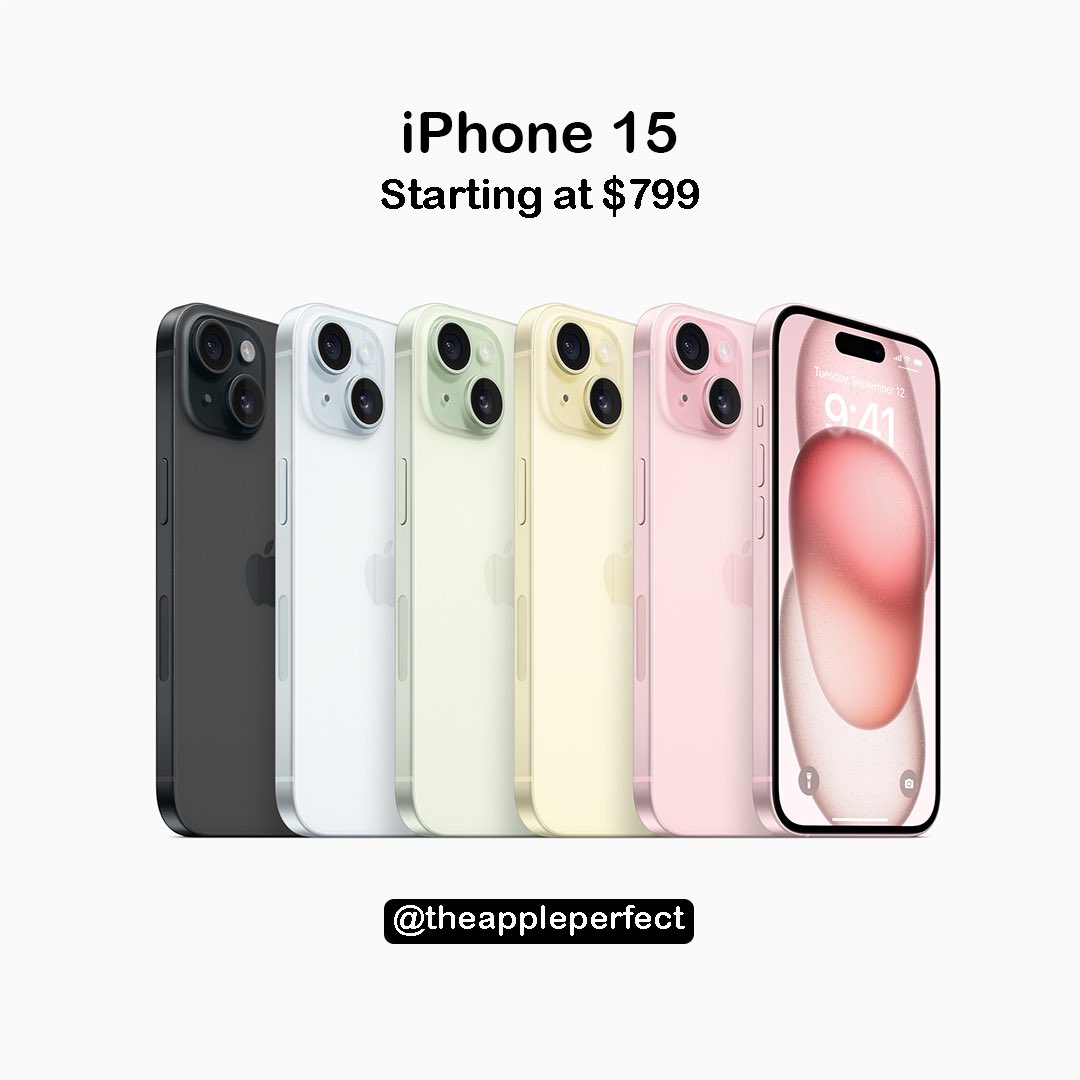 theappleperfect's tweet photo. iPhone 15 and iPhone 15 Plus, featuring the Dynamic Island, A16 Bionic chip, USB-C, 48MP camera, starting at $799. You can order on September 15 and will be available on September 22.
.
.
#apple #appleevent #iphone15 #iphone15plus #appleiphone #theappleperfect https://t.co/dBw6BOZ1D2