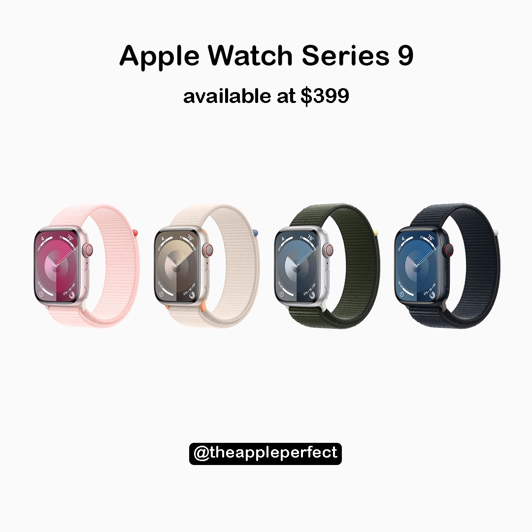 theappleperfect's tweet photo. All new Apple Watch Series 9, featuring the double tap gesture, starting at $399. You can order today and will be available on September 22.
.
.
#apple #applewatch #appleevent #applewatchseries9 https://t.co/u8t3OjHsLO