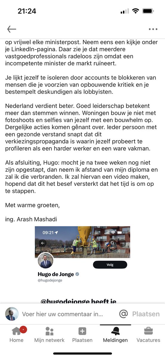 Een open brief aan Hugo de Jonge, Het is pijnlijk maar wanneer Hugo de clown het beter denkt te weten 🤡, dan kan ik net zo goed mijn diploma verbranden. Met vriendelijke groet, Ing. Arash Mashadi