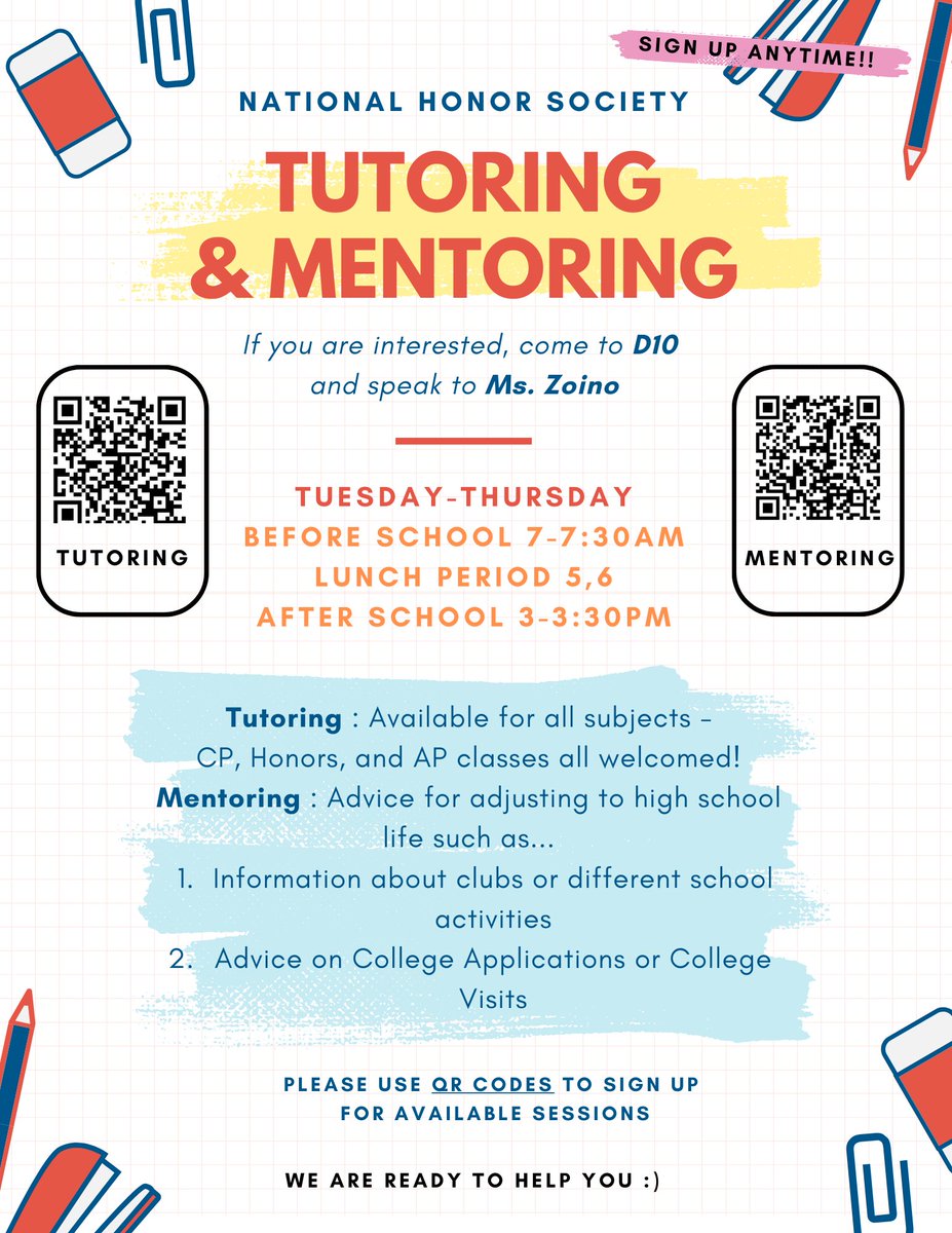 We are back and ready to help with National Honor Society tutoring. Scan our QR codes and we will get you set up ASAP!! Special shout out Heejin K. for designing our flyer!