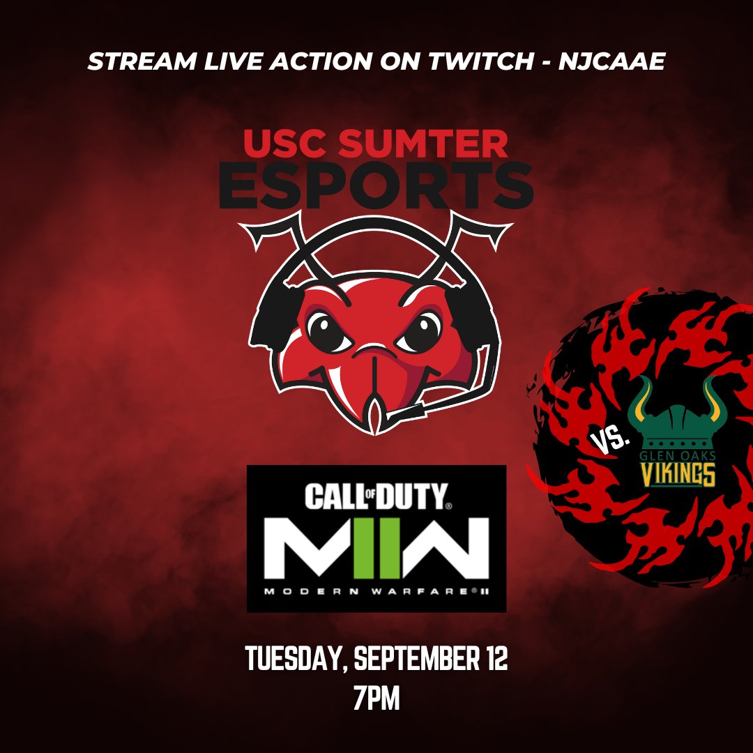 USC Sumter's Call of Duty Team takes on the Glen Oaks Vikings tonight at 7pm. The match has been chosen by the NJCAAE for their featured match of the week. It will be streamed on Twitch and You Tube @njcaae Go Fire Ants! #uscsumter #cod #esports