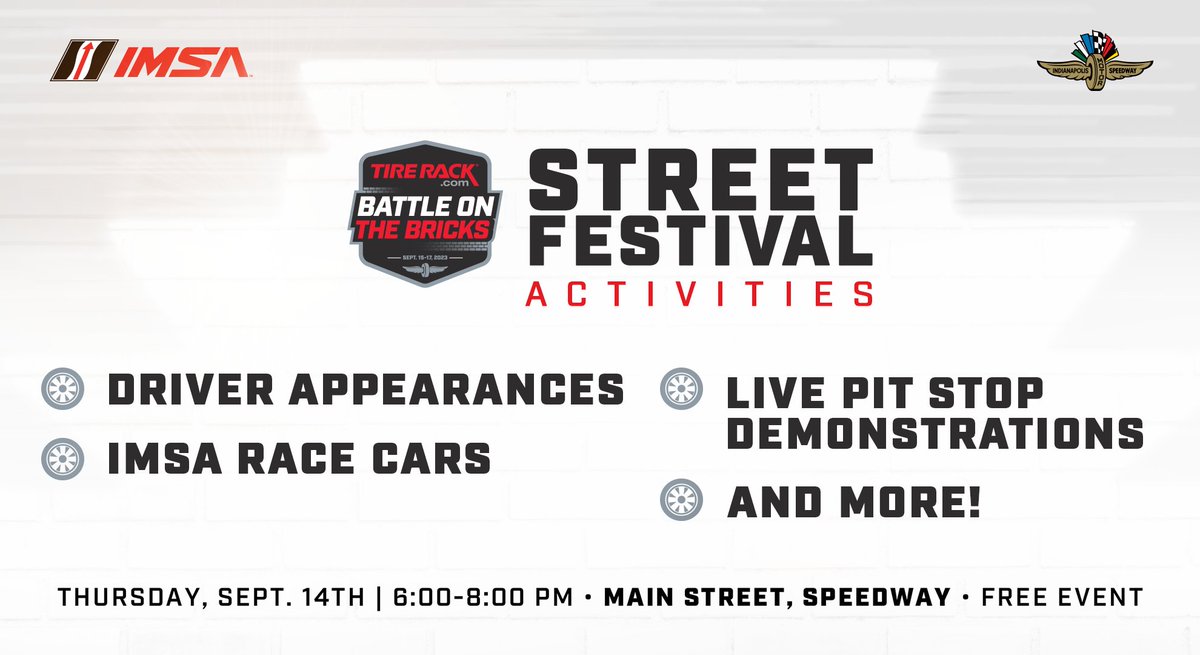 Heading to @IMS for this weekend's #BattleOnTheBricks? Join us on Main Street in Speedway Thursday night for STREET FEST - see the No. 33 @LigierAutomotiv and meet @barbosaracing! #IMSA #ThisIsIndy #FocalOne