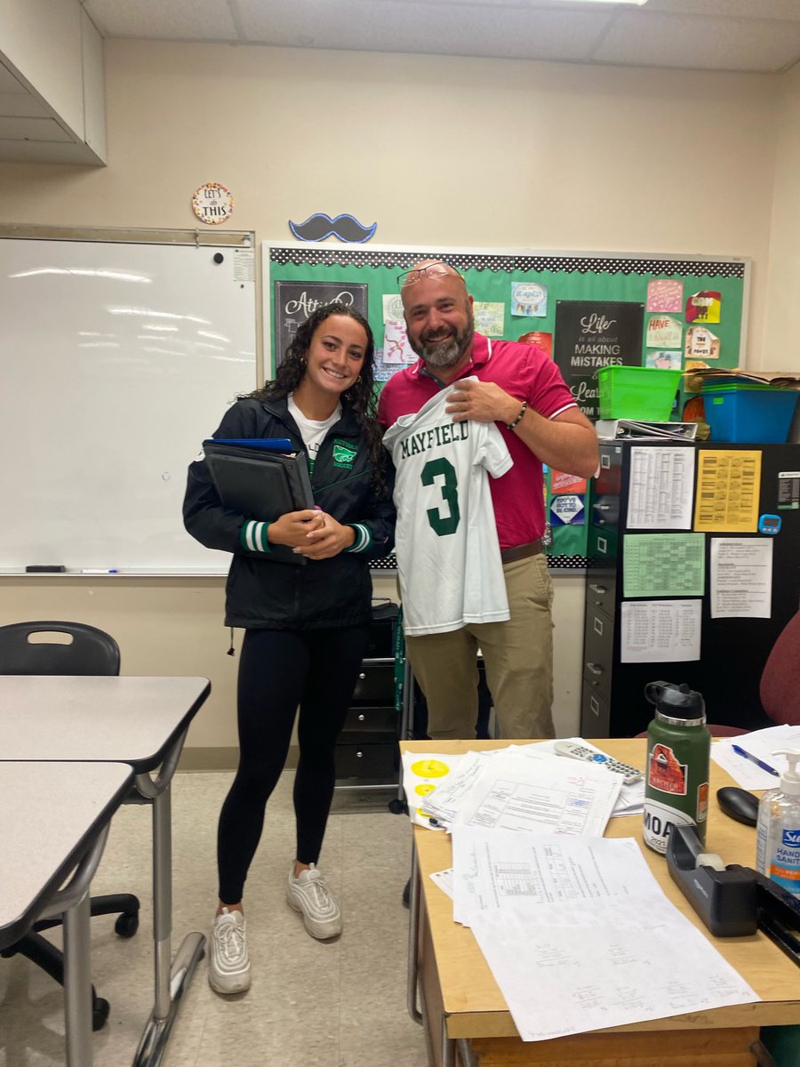 mayfieldgsoc's tweet photo. JERSEY DAY | A proud Mayfield tradition: today our players gave their jerseys to staff members who have made a difference in their lives, to be worn or represented throughout the school day. 

Come support your Wildcats as we open up WRC competition at home at 7PM vs North 🟢⚽️ https://t.co/v9GpEmGWBH