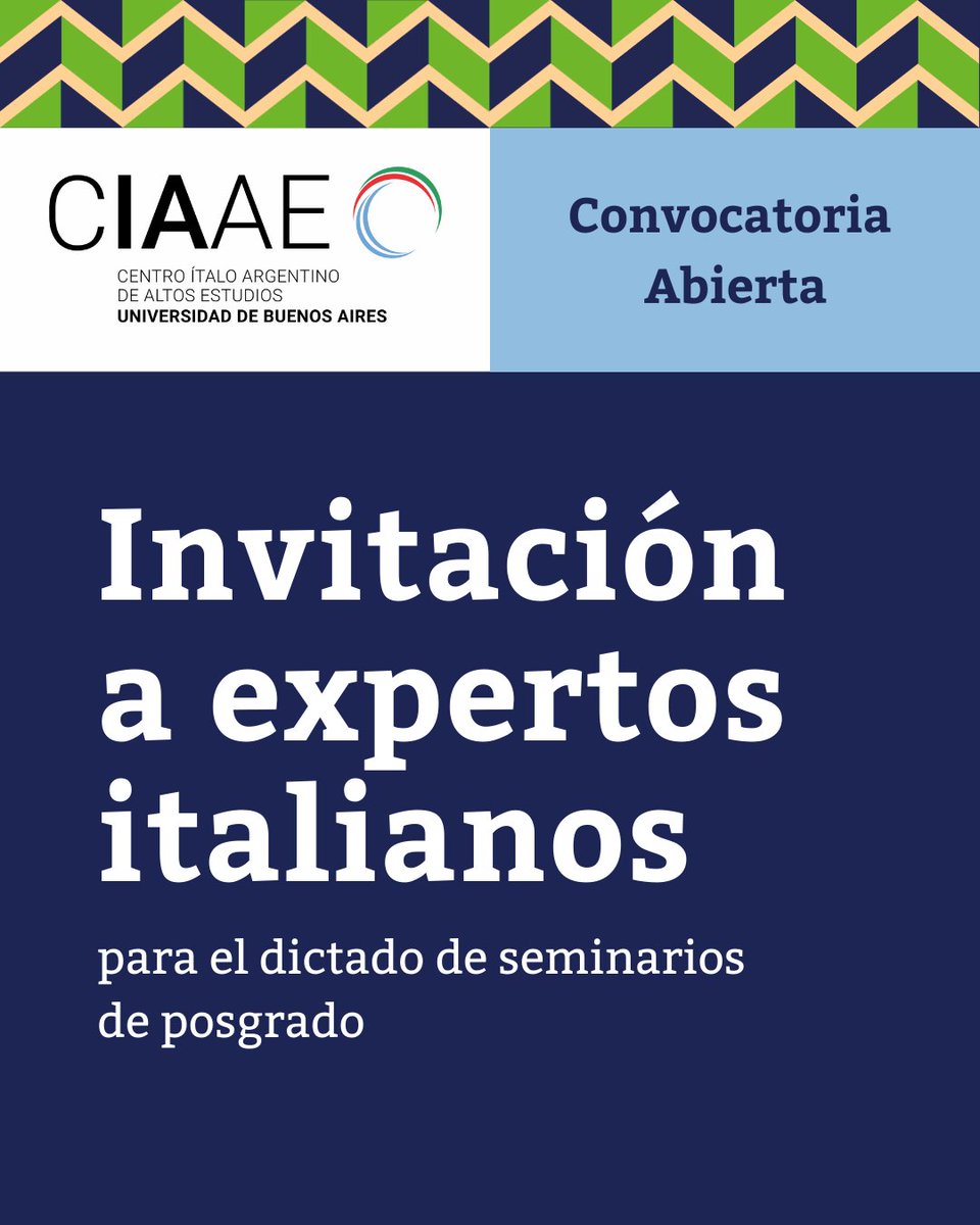 ItaliaenBsAs's tweet photo. Convocatoria abierta para invitar expertas/os italianos/as para el dictado de seminarios de Posgrado en el marco de las actividades del Centro Ítalo Argentino de Altos Estudios @ubaglobal. + INFO en
https://t.co/7u92AFy6N7

#UBAInternacional #CIAAE #Italia #posgrado https://t.co/hMWYjU28LM