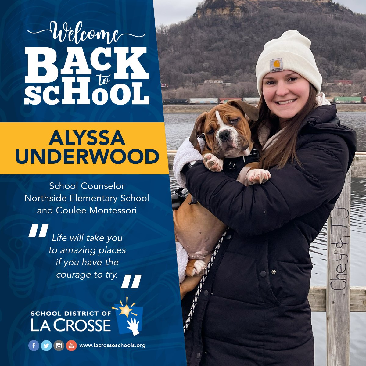 ⭐️Time for another 2023-2024 new staff intro! We're pleased to have new Northside Elementary/Coulee Montessori #counselor Alyssa Underwood join the crew. Please help us welcome Alyssa to our #WeAreLaCrosse family!