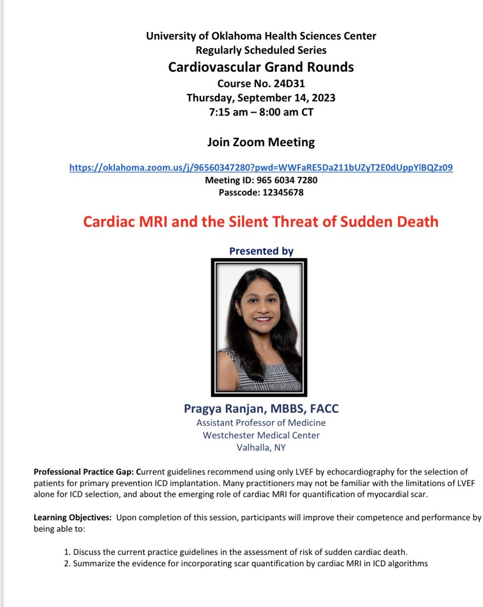 🫀Pleased to present early career cardiology faculty, Dr. Pragya Ranjan FACC from Westchester Med Center at Virtual OU CV Grand Rounds 🫀Join us ⬇️ oklahoma.zoom.us/j/96560347280?… @OUHealth @PragyaRanjan @SrihariNaiduMD @iamritu @purviparwani @DrJMarine @DrMarthaGulati @noshreza