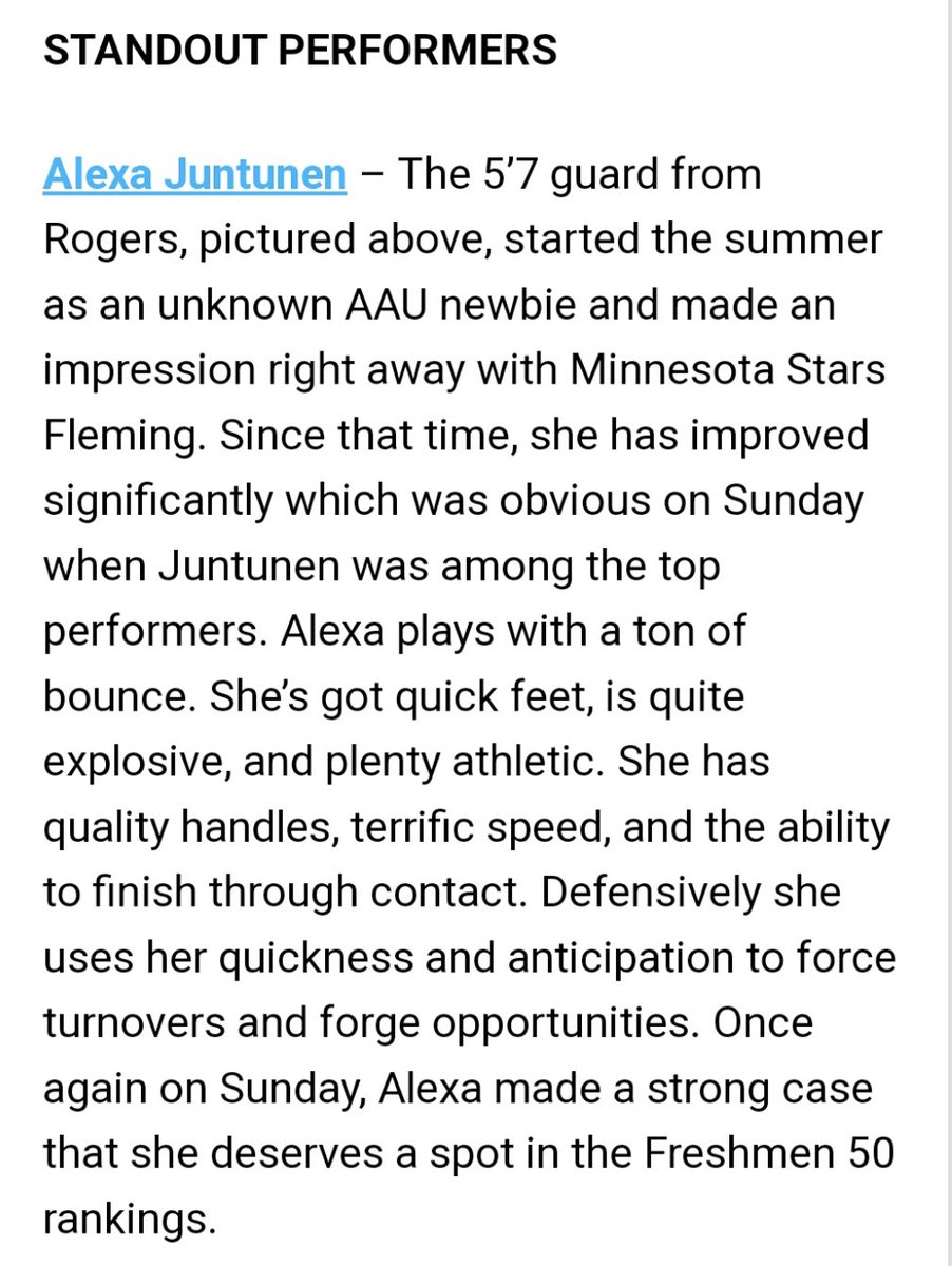 Alexa Juntunen (@alexajuntunen) on Twitter photo I had so much fun at the PGH Freshman Showcase this past weekend, thank you <a href="/GMacHoops/">Grant McGinnis</a> for the write up! <a href="/rogersgbb1/">Rogers Girls Basketball</a> <a href="/MinnesotaStars/">Minnesota Stars AAU</a> I had so much fun at the PGH Freshman Showcase this past weekend, thank you <a href="/GMacHoops/">Grant McGinnis</a> for the write up! <a href="/rogersgbb1/">Rogers Girls Basketball</a> <a href="/MinnesotaStars/">Minnesota Stars AAU</a>