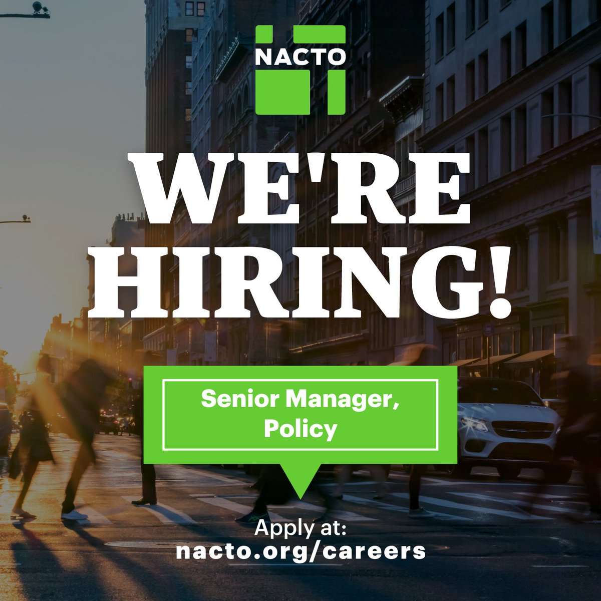 Looking for an exciting new job shaping transportation policy across North America? 

NACTO is seeking a proactive, experienced transportation policy professional to join our team as a full-time Senior Policy Manager!  

Apply at: nacto.org/careers