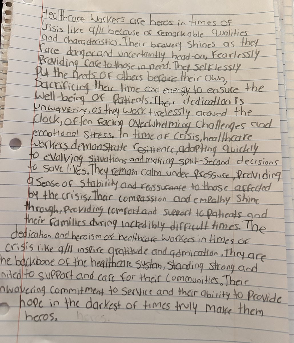 Yesterday, Ms. Zuniga's Health Science classes viewed a documentary about 9/11 healthcare responders. As an exit ticket, students were asked what qualities and characteristics made healthcare workers heroes in a time of crisis. Here is Yasmine Quintanilla's response. #Perspective