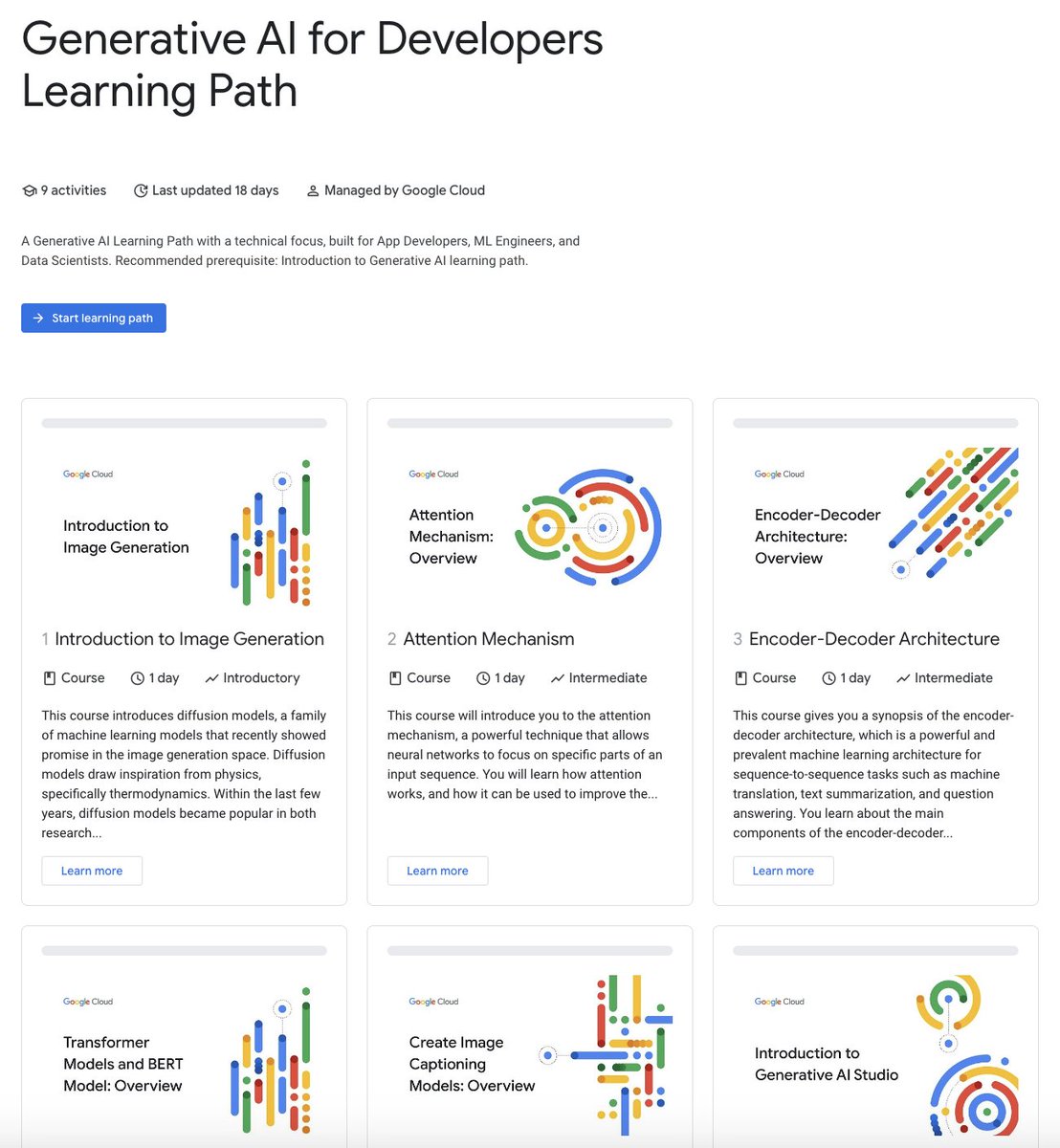 We at @googlecloud made more FREE #GenAI training resources! Check them out 👇 ✅Intro to Image generation ✅Attention mechanism ✅Encoder-decoder architecture ✅Transformer Models ✅Image captioning ✅Intro to GenAI Studio ✅Generative AI Explorer - Vertex AI ✅Explore and