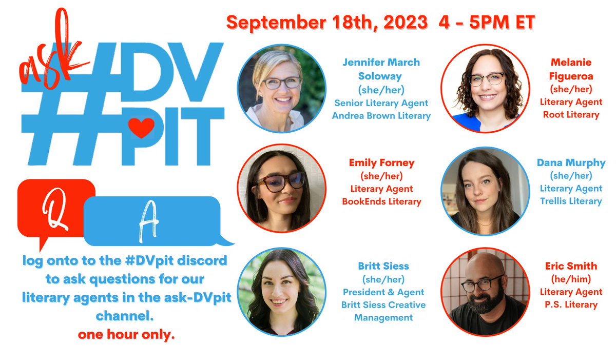 wellmelsbells's tweet photo. I can't wait to connect with the #WritingCommunity next Monday 9/18 during #askDVpit! Please join me and five wonderful agents by bringing your questions to the #DVpit Discord server. More details in the image below, and you can register at this link: https://t.co/GOuCaxnWug https://t.co/cDXAEtginK