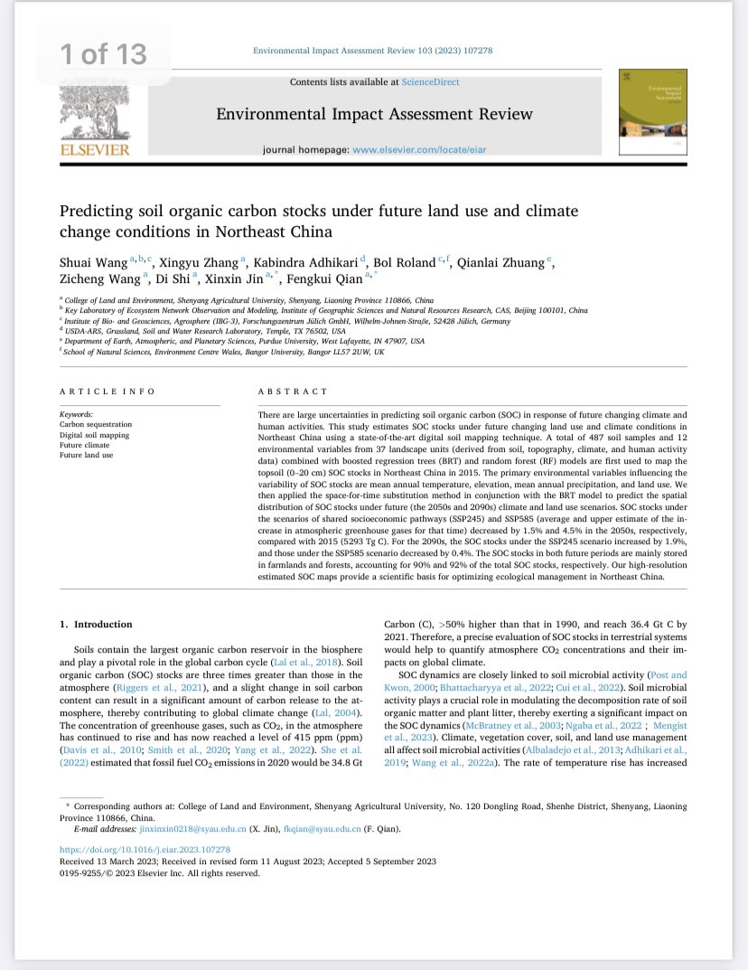 Just published:
Here we predicted SOC stocks under future land use and climate change scenarios in Northeast China. This URL provides a 50 days’ free access to the article: authors.elsevier.com/c/1hl85iZ5tCtHD
#digitalsoilmapping #soilcarbon #climatechange