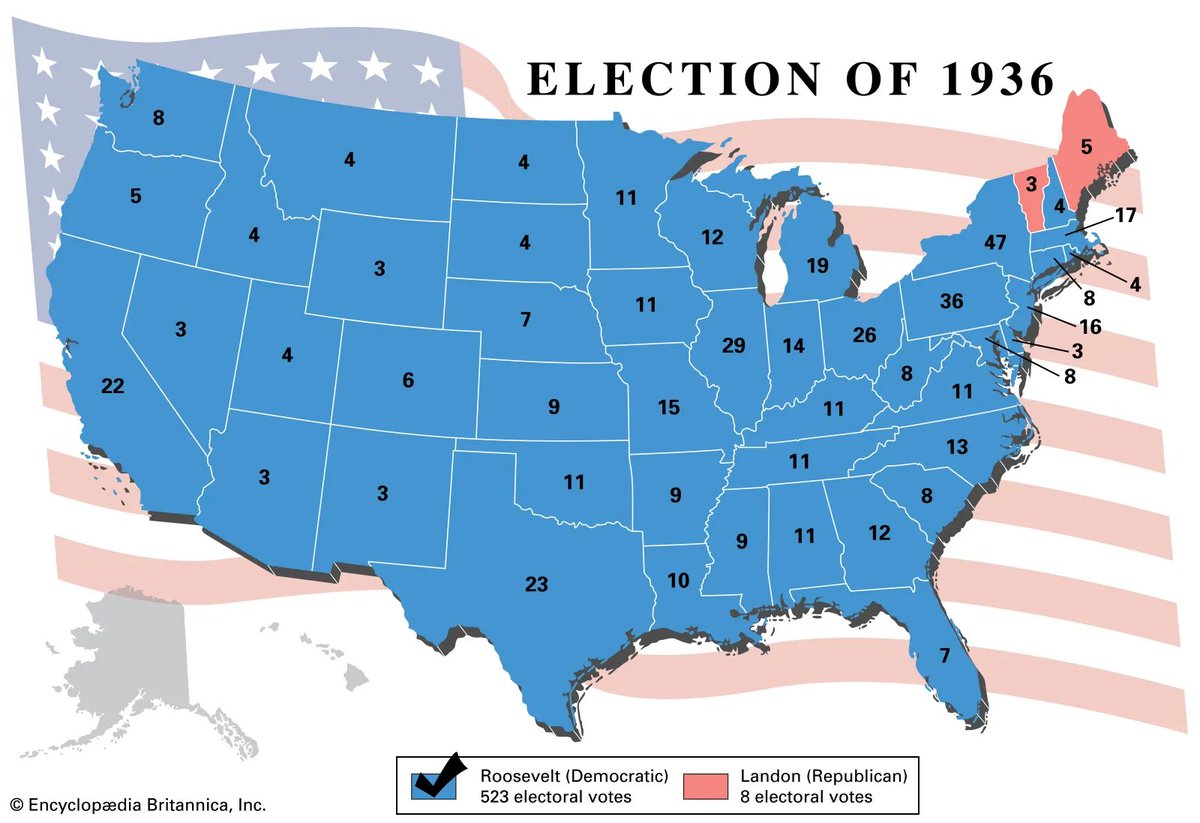 Strikewave in 1934, major labor/social reforms in 1935, led to this electoral map in 1936. The Presidential candidate was not only immensely popular, but also claimed to 'welcome the hatred' of the capitalist class.