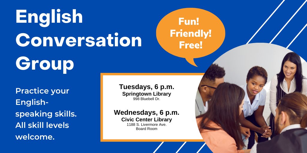 LivLibrary's tweet photo. #EnglishConversationGroup to build confidence in learning English-speaking skills. Practice clearer communication, feel at ease in daily situations. All skill levels welcome. No sign-ups, drop in on:
Tuesdays 6pm #SpringtownLibrary 
Wednesdays 6pm #CivicCenterLibrary Board Rm https://t.co/0BMjUPqYIf