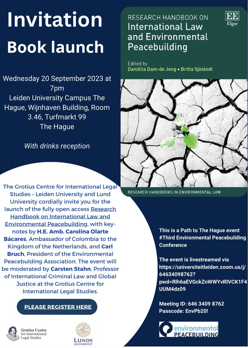 On the 20th of September me and @dam_daniella launch our Research Handbook on international law and environmental peacebuilding published with <a href="/ElgarPublishing/">Elgar Publishing</a>. Join in person in The Hague (please register) or online. With <a href="/CarolinaOlarteB/">Carolina Olarte-Bácares PhD</a>  <a href="/CarlBruch/">Carl Bruch</a> and <a href="/carstenstahn/">Carsten Stahn</a>