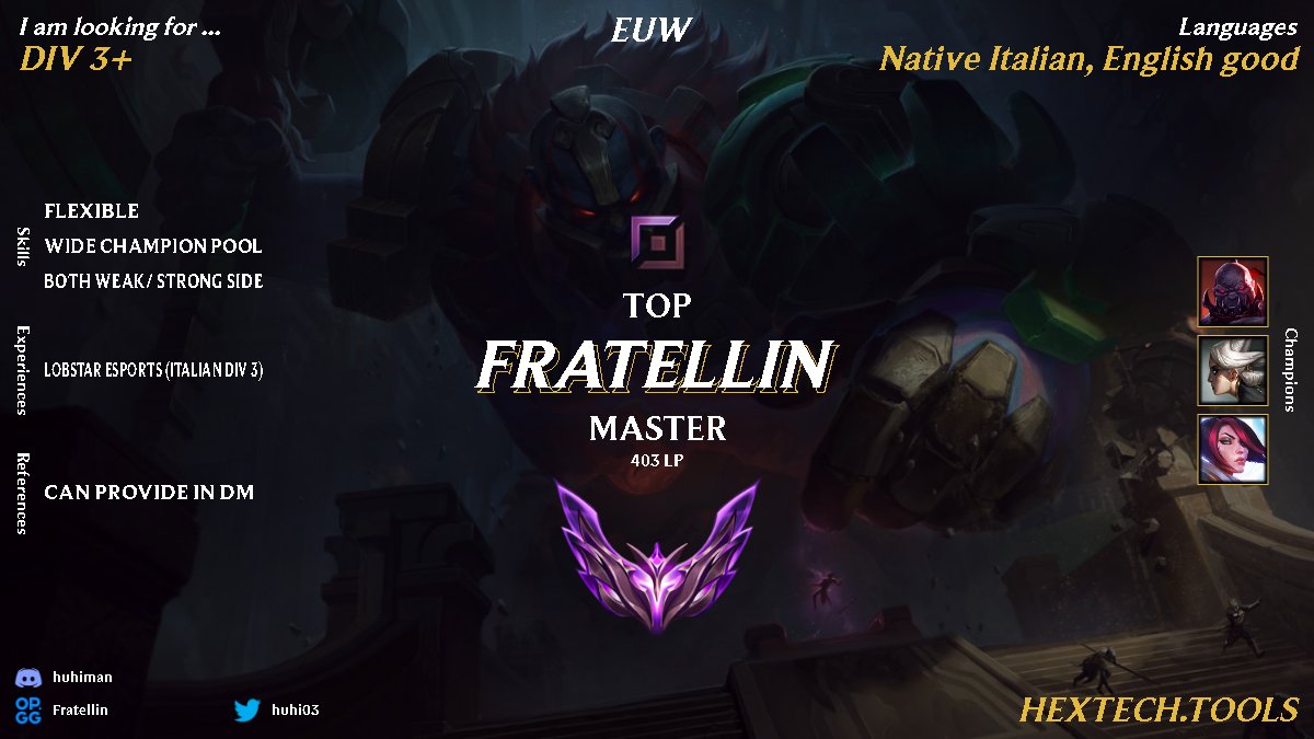 Hello, I'm LFT for the upcoming 2023 Winter Split. I am mainly looking for ERL3+ but will consider every offer. For any infos contact me through DM's.
Likes and retweets are appreciated!
<a href="/LoL_LFT/">LoL Looking For Team 🇮🇹 🇪🇺</a> <a href="/lft_prime/">Prime League LFT</a> <a href="/LFT_LoL_EU/">LFT_LoL_EU</a> @lolfadiscord <a href="/LoL_LFT_Fr/">LoL LFT Fr</a> <a href="/LFT_ES/">LFT SPAIN</a> <a href="/LFT_PL/">LFT POLAND</a>